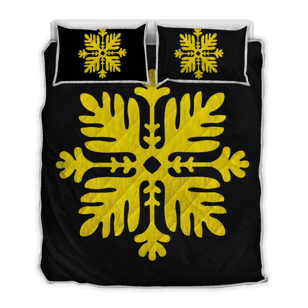 Hawaiian Royal Pattern Quilt Bed Set - Black And Yellow - H2 Style - AH Yellow - Polynesian Pride