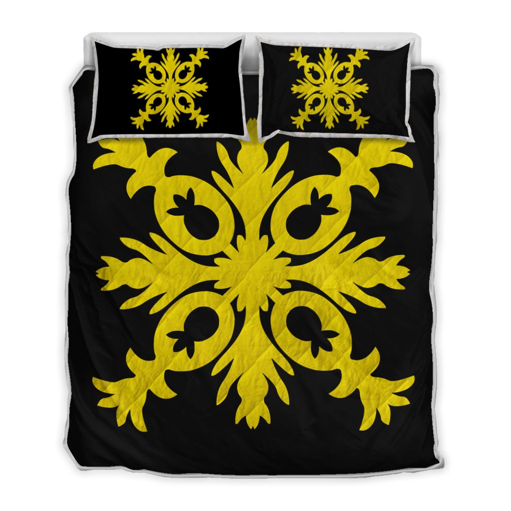 Hawaiian Royal Pattern Quilt Bed Set - Black And Yellow - F2 Style - AH Yellow - Polynesian Pride