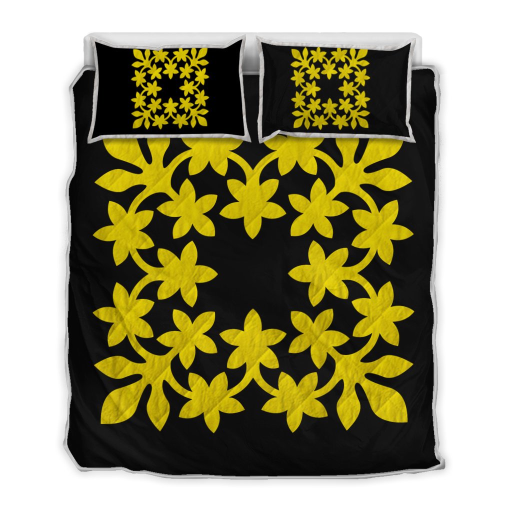 Hawaiian Royal Pattern Quilt Bed Set - Black And Yellow - L3 Style - AH Yellow - Polynesian Pride