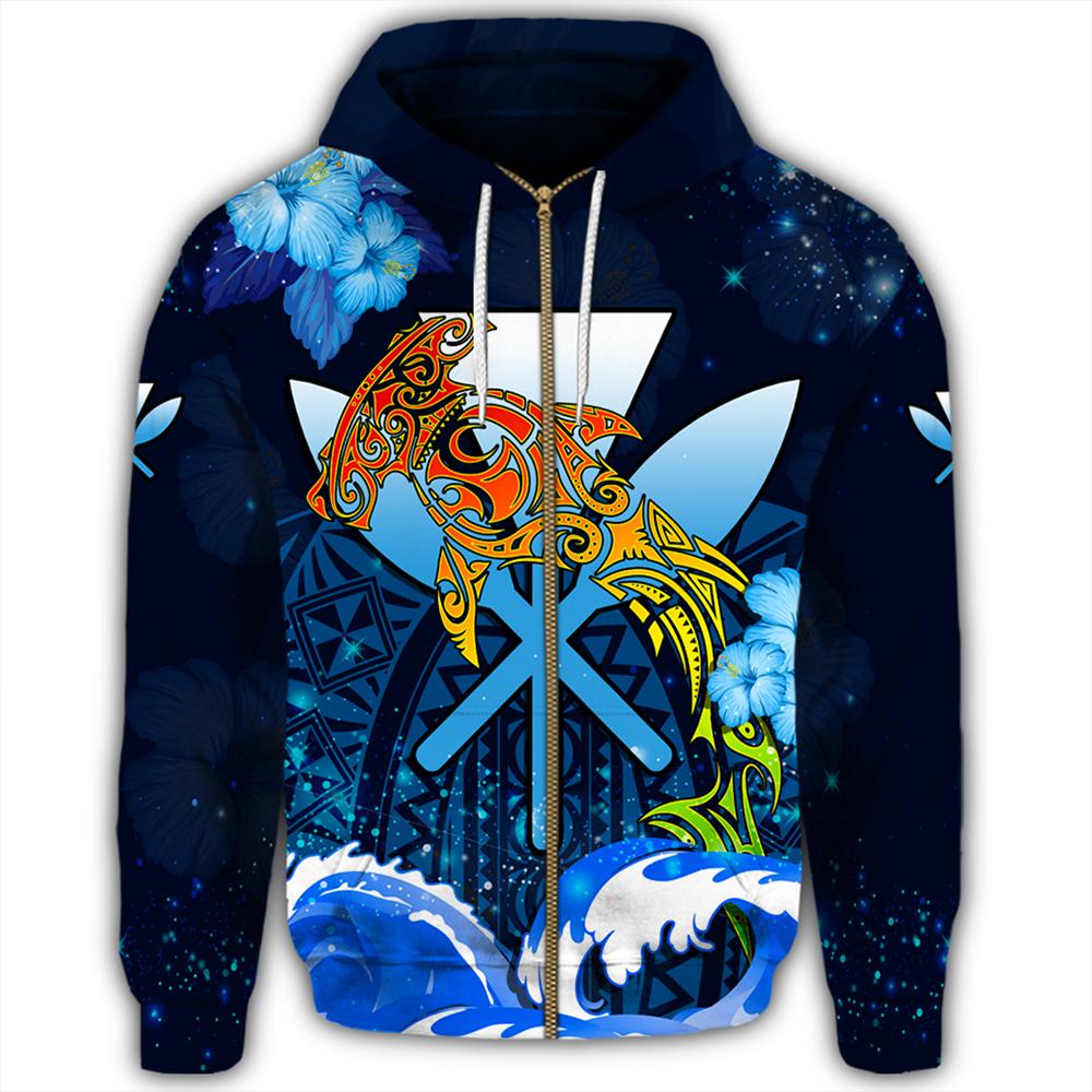 Kanaka Hammerhead Sharks Polynesian Hibiscus Hoodie Zip Bloom - Polynesian Pride
