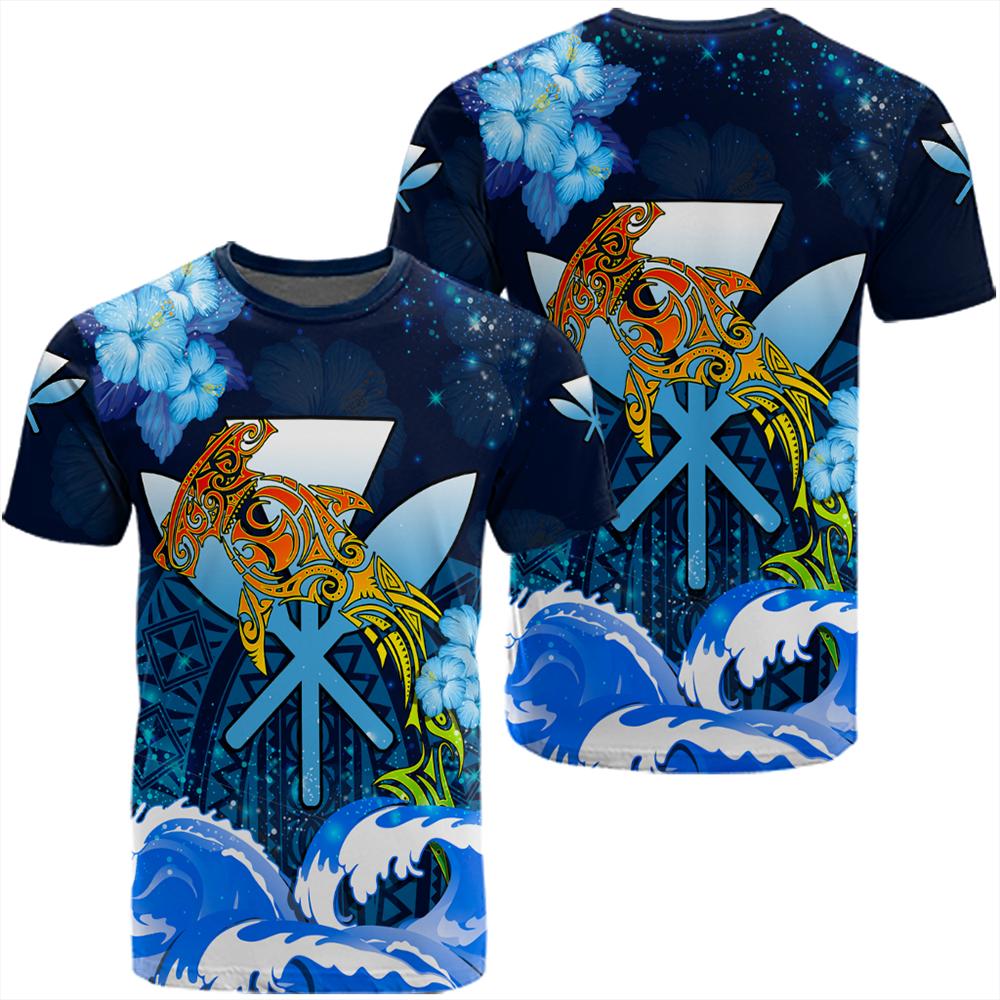 Kanaka Hammerhead Sharks Polynesian Hibiscus T Shirt Bloom AH Unisex Blue - Polynesian Pride