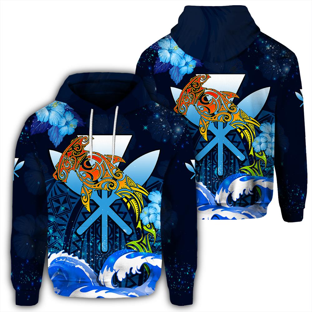 Kanaka Hammerhead Sharks Polynesian Hibiscus Hoodie Bloom Unisex Blue - Polynesian Pride