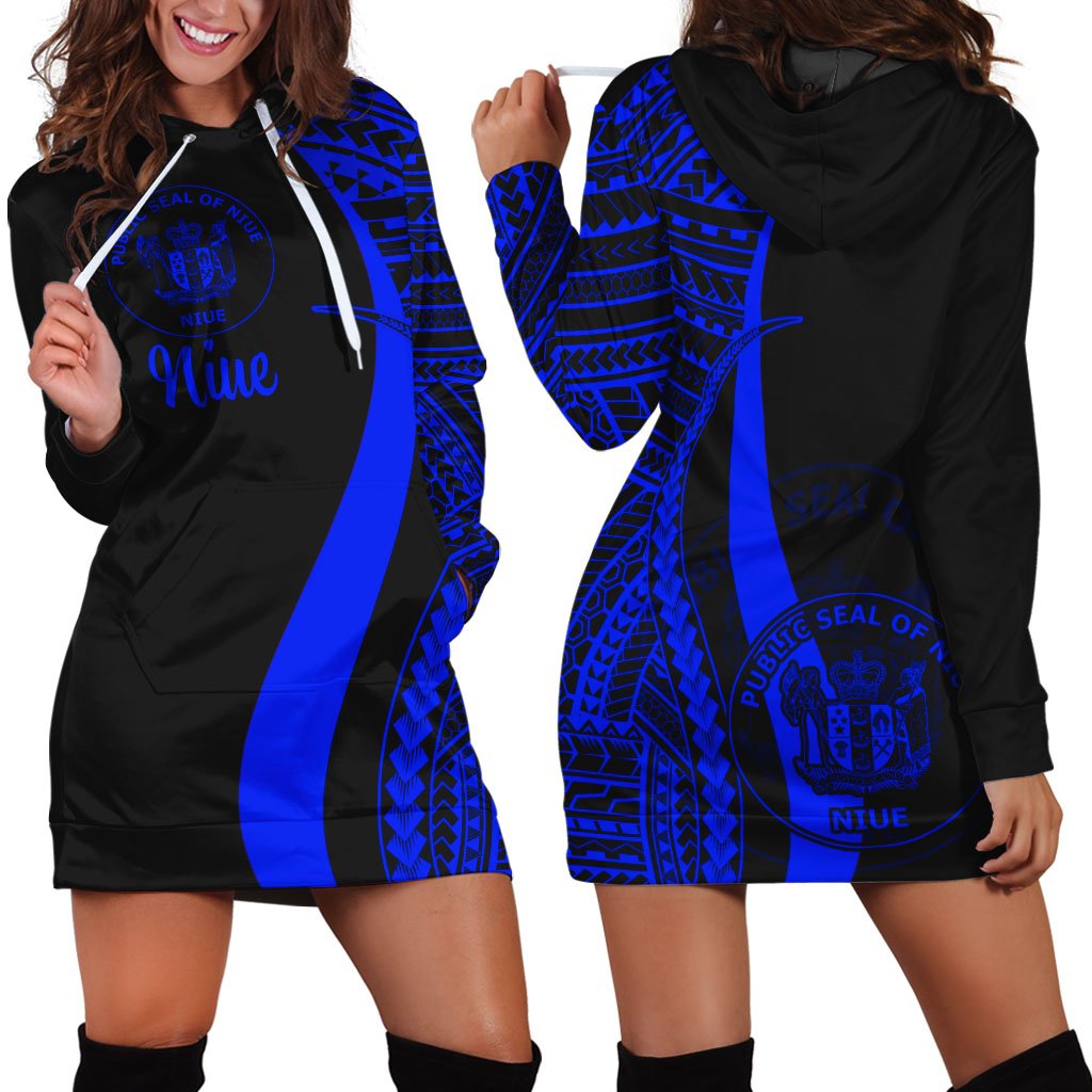 Niue Women's Hoodie Dress - Blue Polynesian Tentacle Tribal Pattern Blue - Polynesian Pride