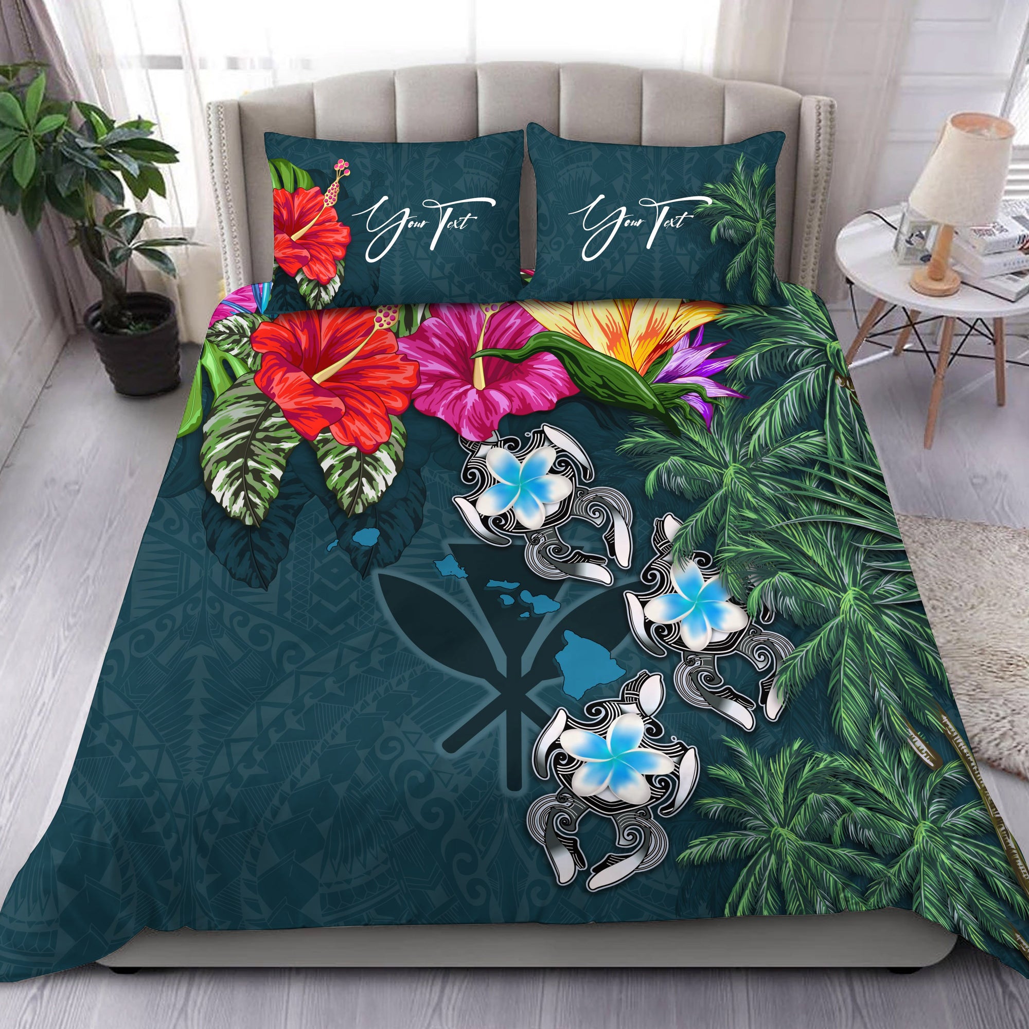 (Custom) Hawaii Bedding Set Hibiscus Turtle Blue Personal Signature Blue - Polynesian Pride