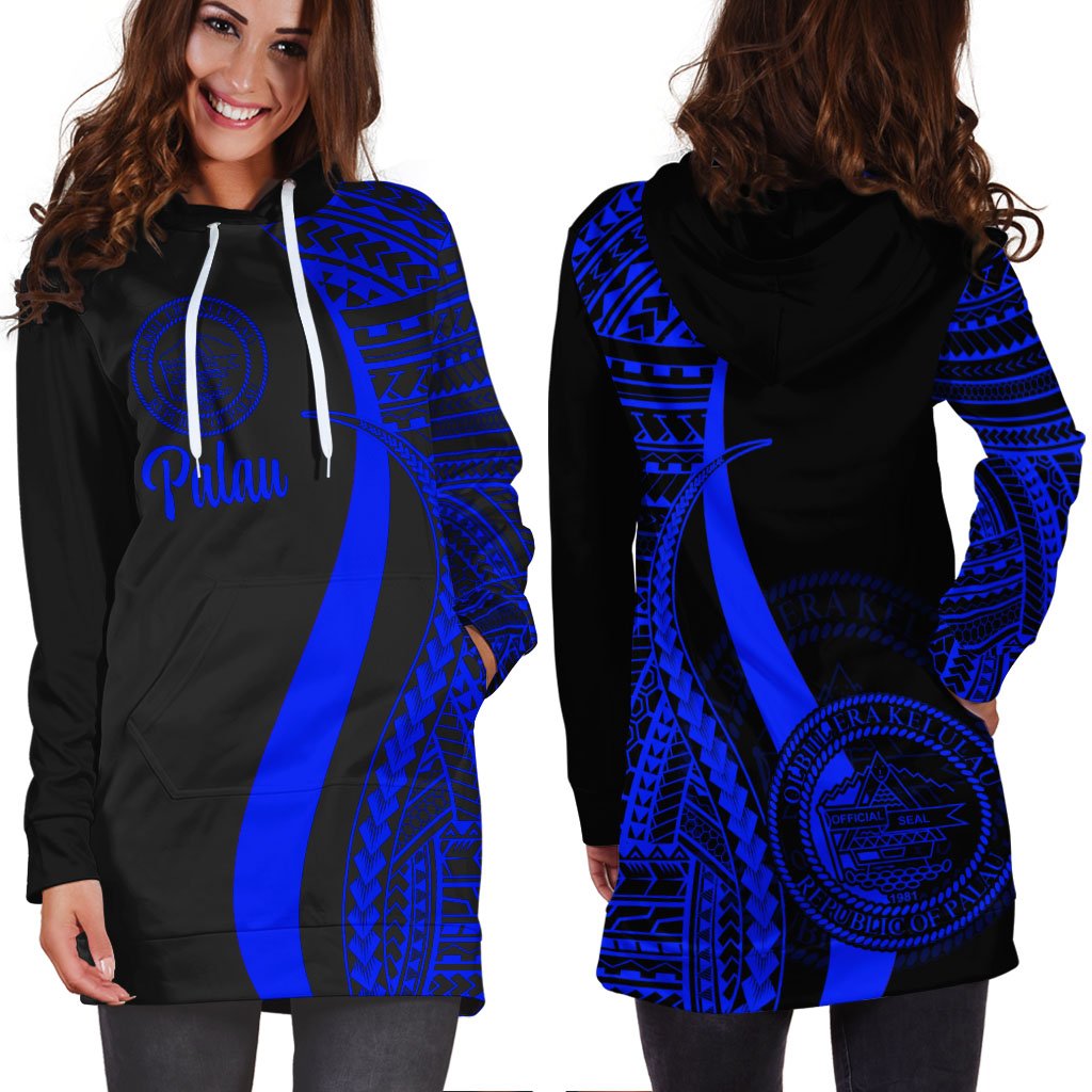Palau Women's Hoodie Dress - Blue Polynesian Tentacle Tribal Pattern - Polynesian Pride