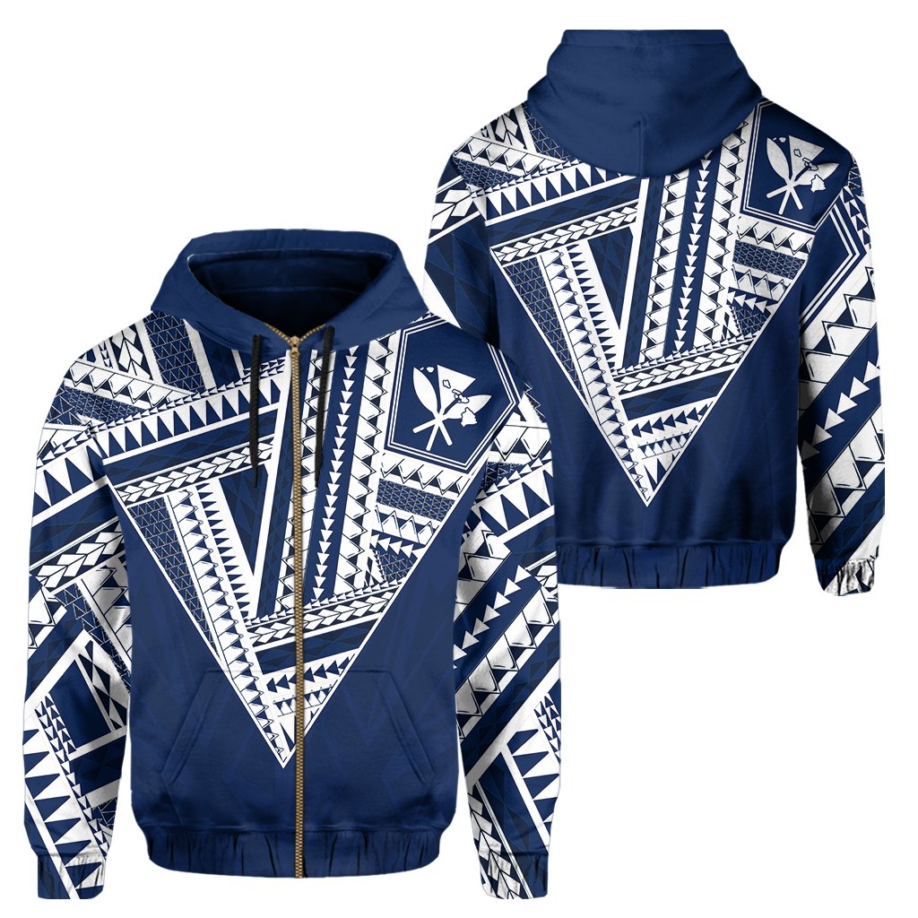 Hawaii Hoodie Zip Football Jersey Style Blue and White Unisex Blue - Polynesian Pride