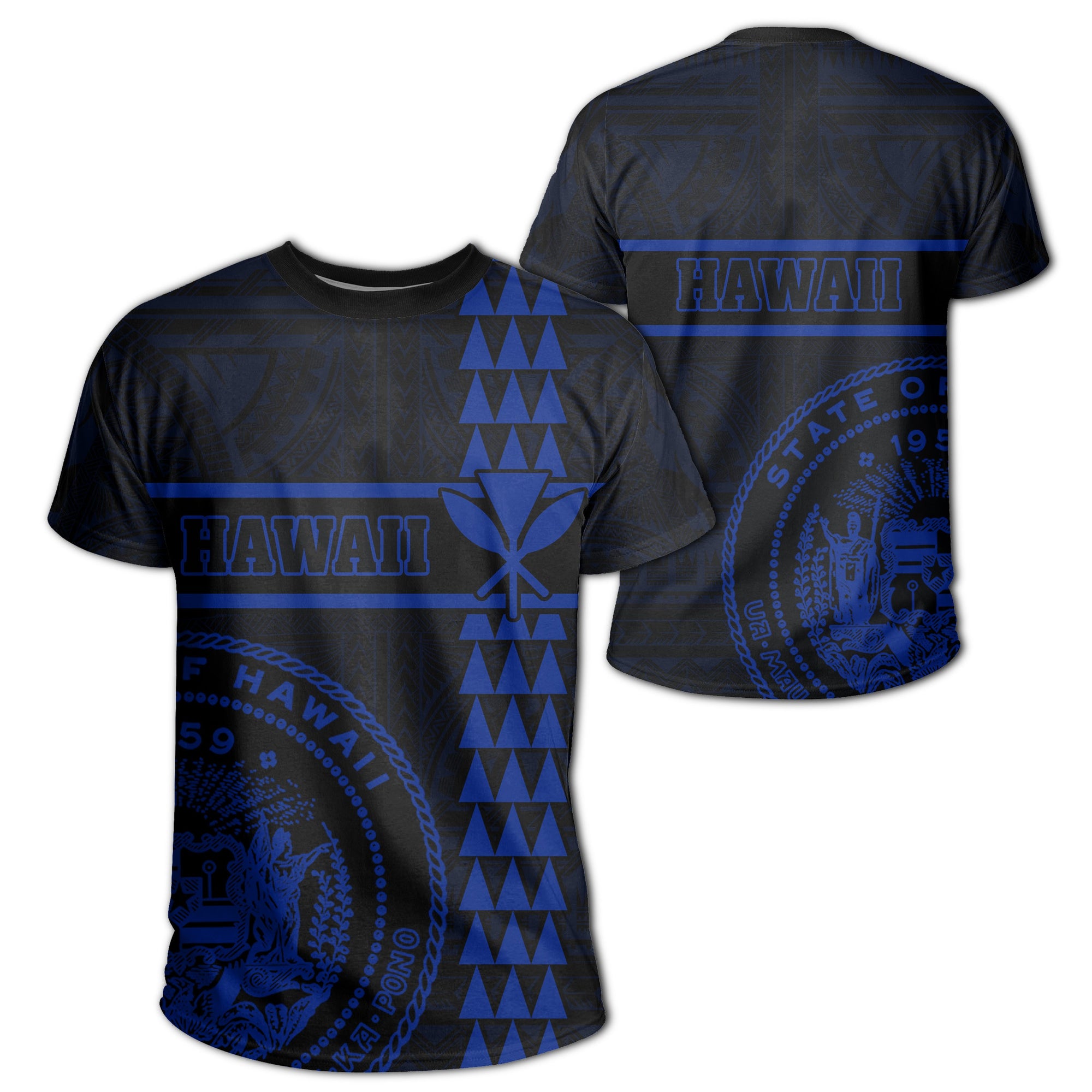 Hawaii Coat of Arms Kanaka Polynesian T Shirt Blue Unisex Blue - Polynesian Pride