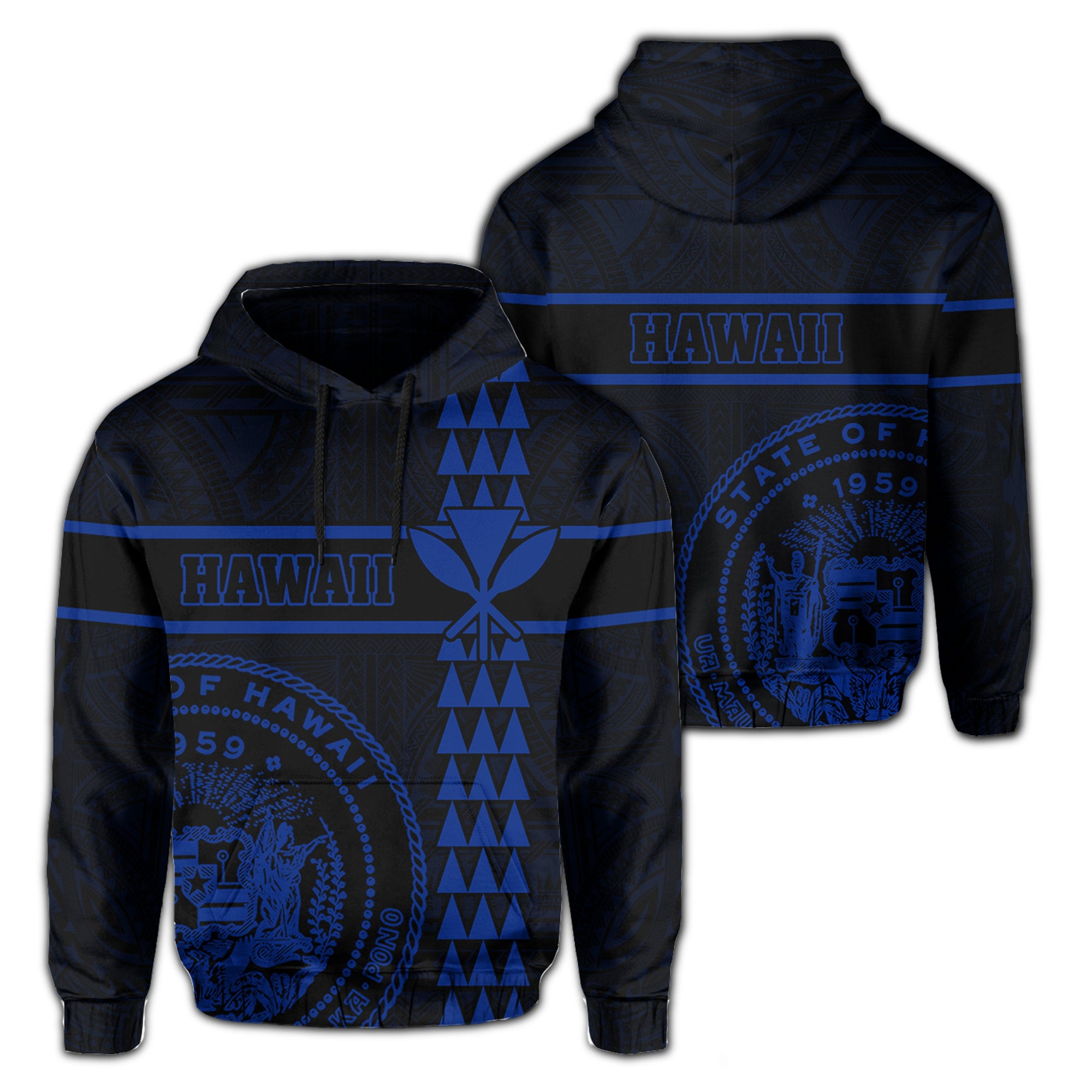 Polynesian Kakau Kanaka Seal of Hawaii Hoodie Blue Unisex Blue - Polynesian Pride