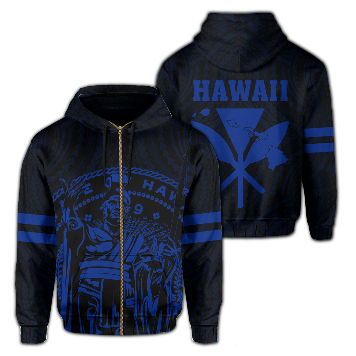 Polynesian King Kanaka Map Seal of Hawaii Zip Hoodie Blue Unisex Blue - Polynesian Pride