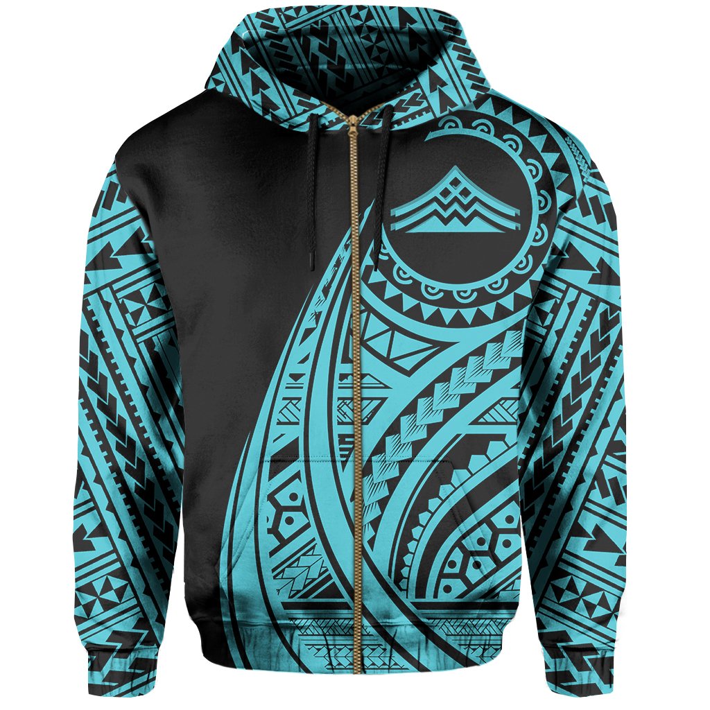 Hawaii Mauna Kea Polynesian Zip up Hoodie Tatoo Style Blue - Polynesian Pride