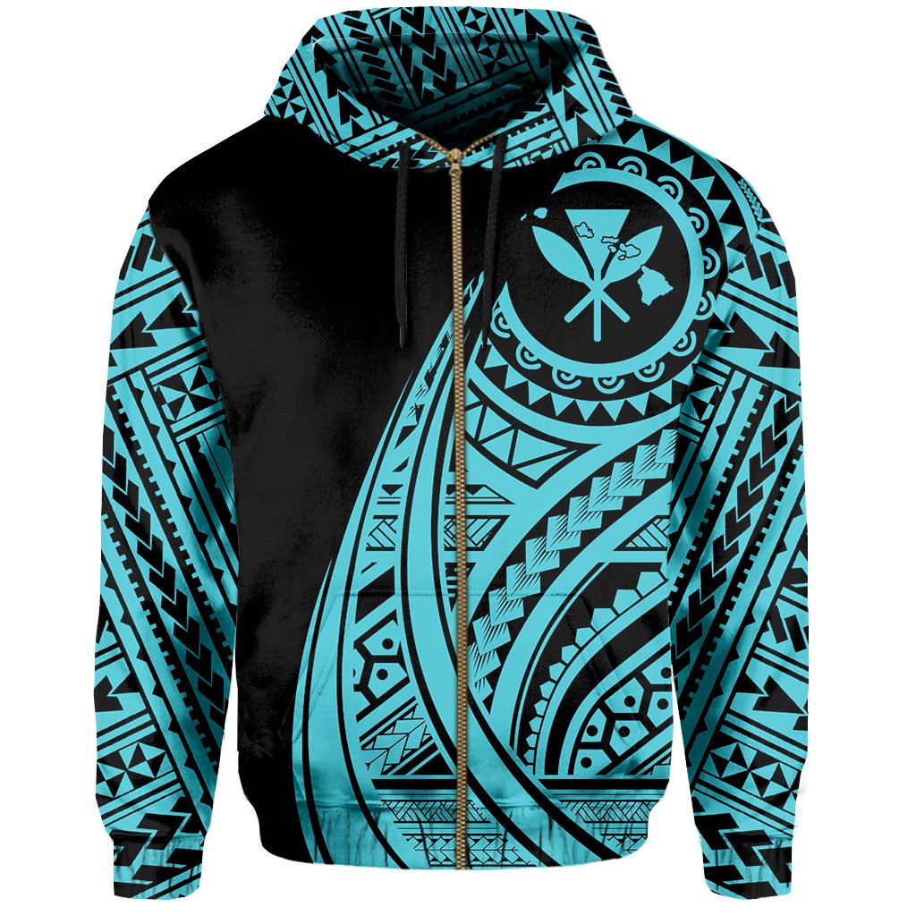 Hawaii Kanaka Polynesian Zip up Hoodie Tatoo Style Blue - Polynesian Pride