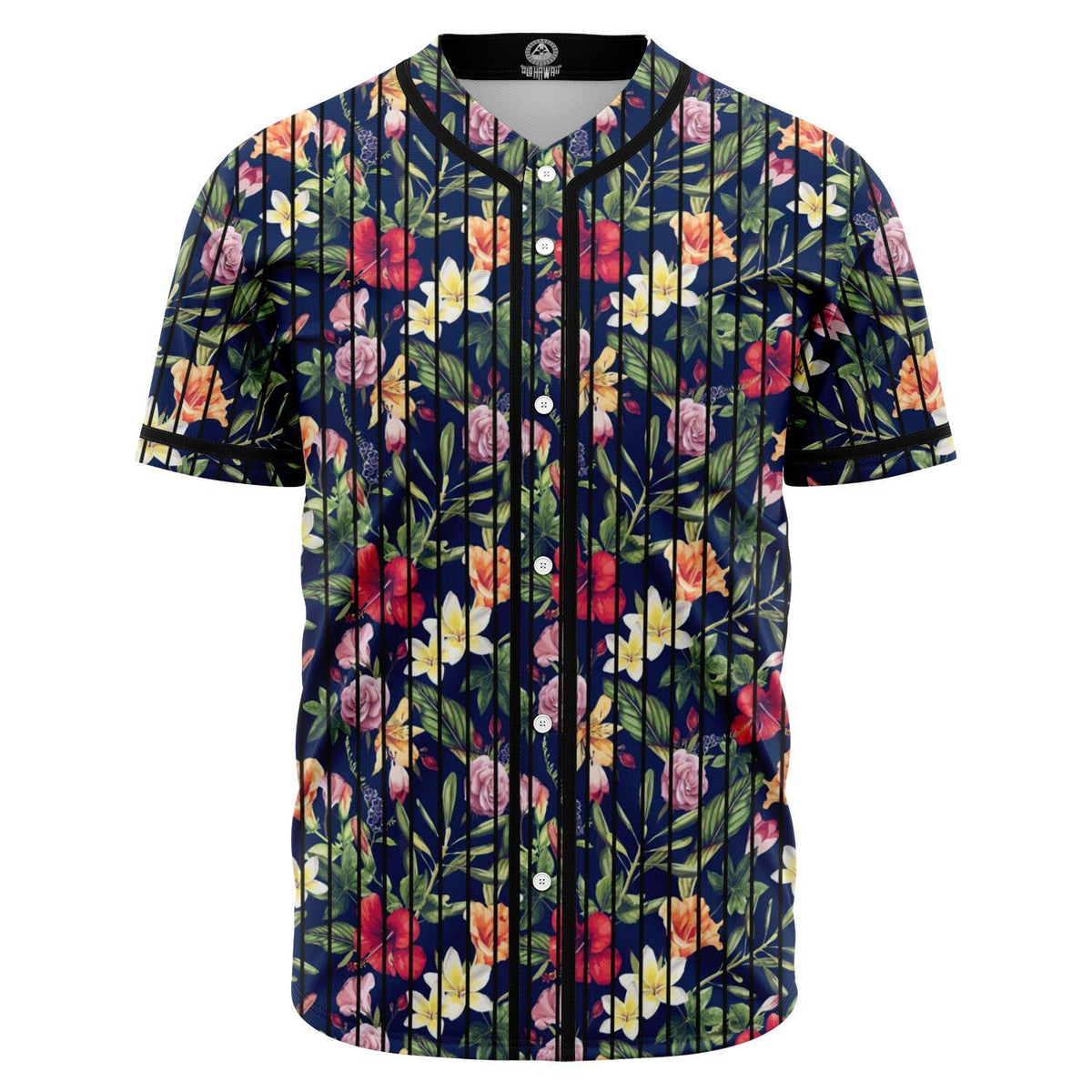 Tropical Hibiscus Red And Plumeria White Baseball Jersey Black - Polynesian Pride
