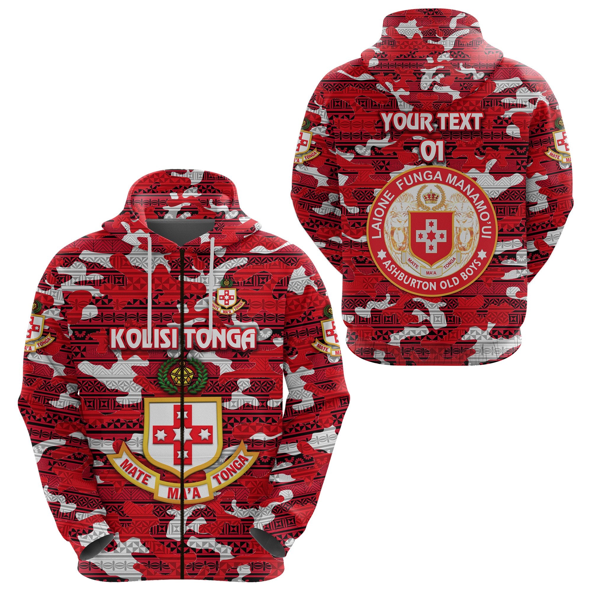 Custom Kolisi Tonga Hoodie Mate Maa Tonga Camouflage Vibes Ashburton Old Boys, Custom Text and Number Unisex Red - Polynesian Pride