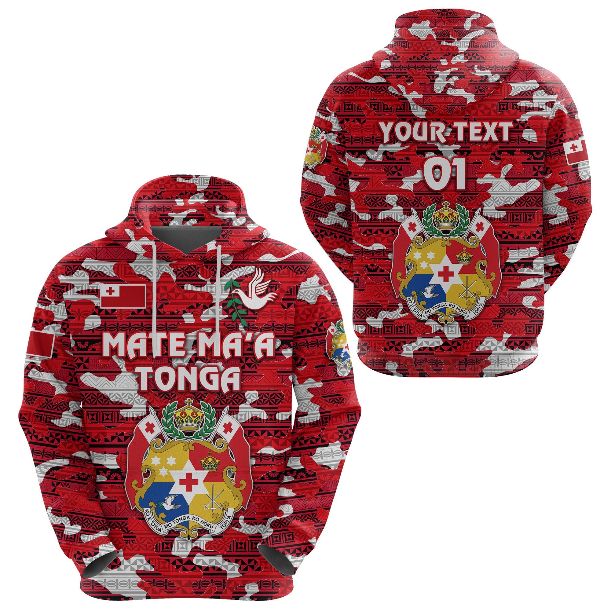 Custom Kolisi Tonga Hoodie Mate Maa Tonga Camouflage Vibes Coat of Arms, Custom Text and Number Unisex Red - Polynesian Pride