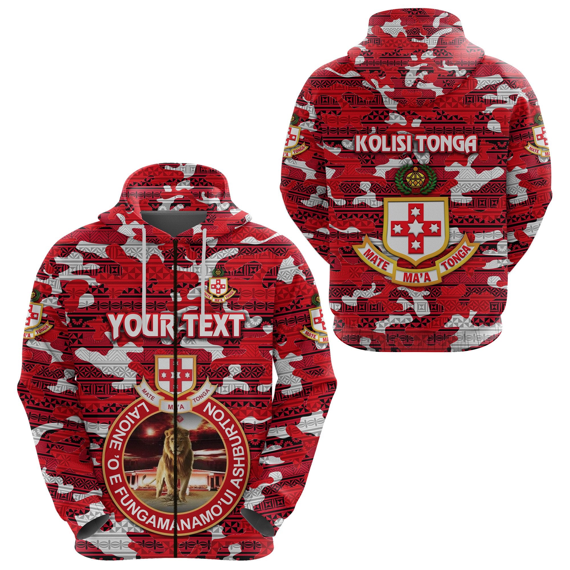 Custom Kolisi Tonga Zip Hoodie Mate Maa Tonga Camouflage Vibes Lion Ashburton Unisex Red - Polynesian Pride