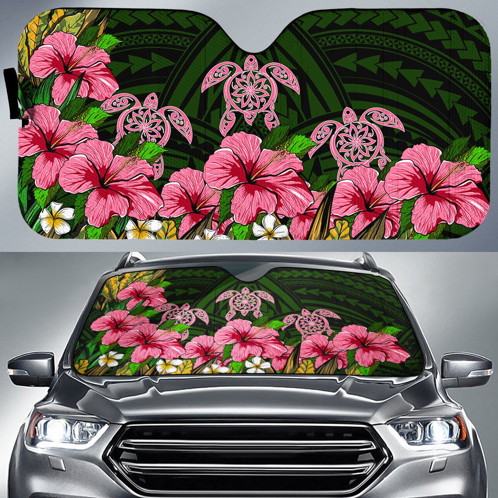 Hawaii Turtle Hibiscus Tropical Polynesian Car Sun Shade - Floren Style - AH Auto Sun Shade Universal Fit Black - Polynesian Pride