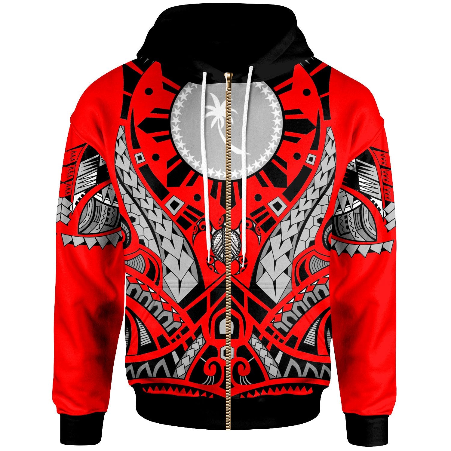 Chuuk Zip Hoodie Tribal Sun Tattoo Red Color Unisex Red - Polynesian Pride