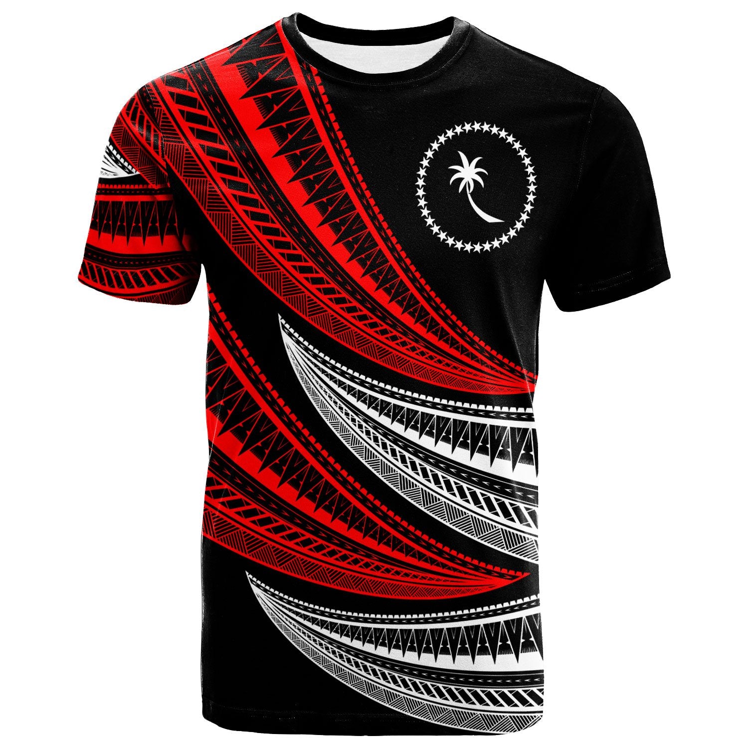 Chuuk Custom T Shirt Wave Pattern Alternating Red Color Unisex Black - Polynesian Pride