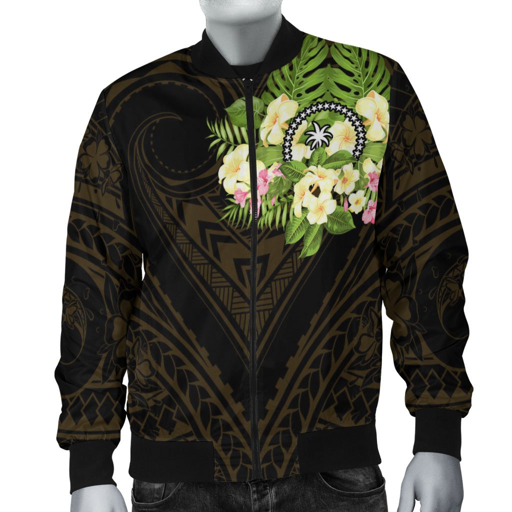 Chuuk State Men's Bomber Jacket - Polynesian Gold Patterns Collection Black - Polynesian Pride