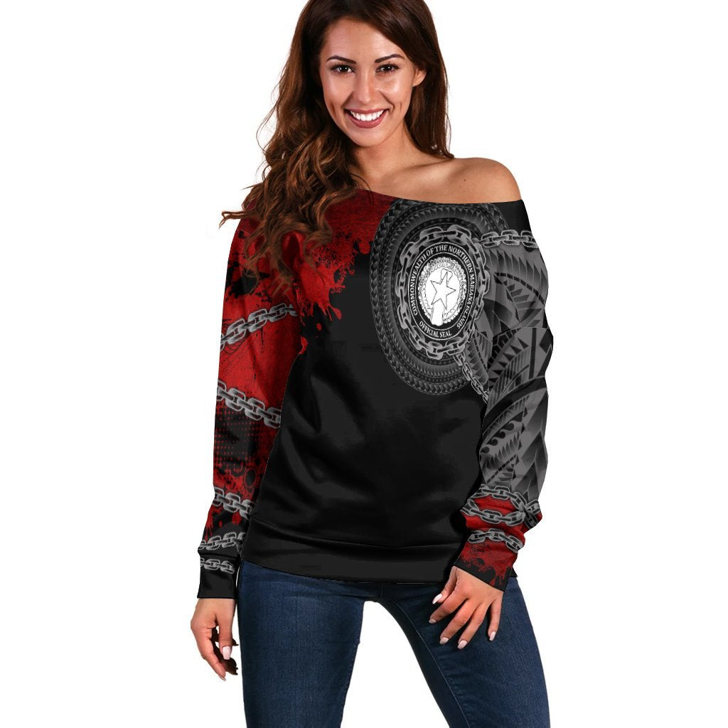 Northern Mariana Islands Polynesian Women's Off Shoulder Sweater - Polynesian Chain Style Black - Polynesian Pride