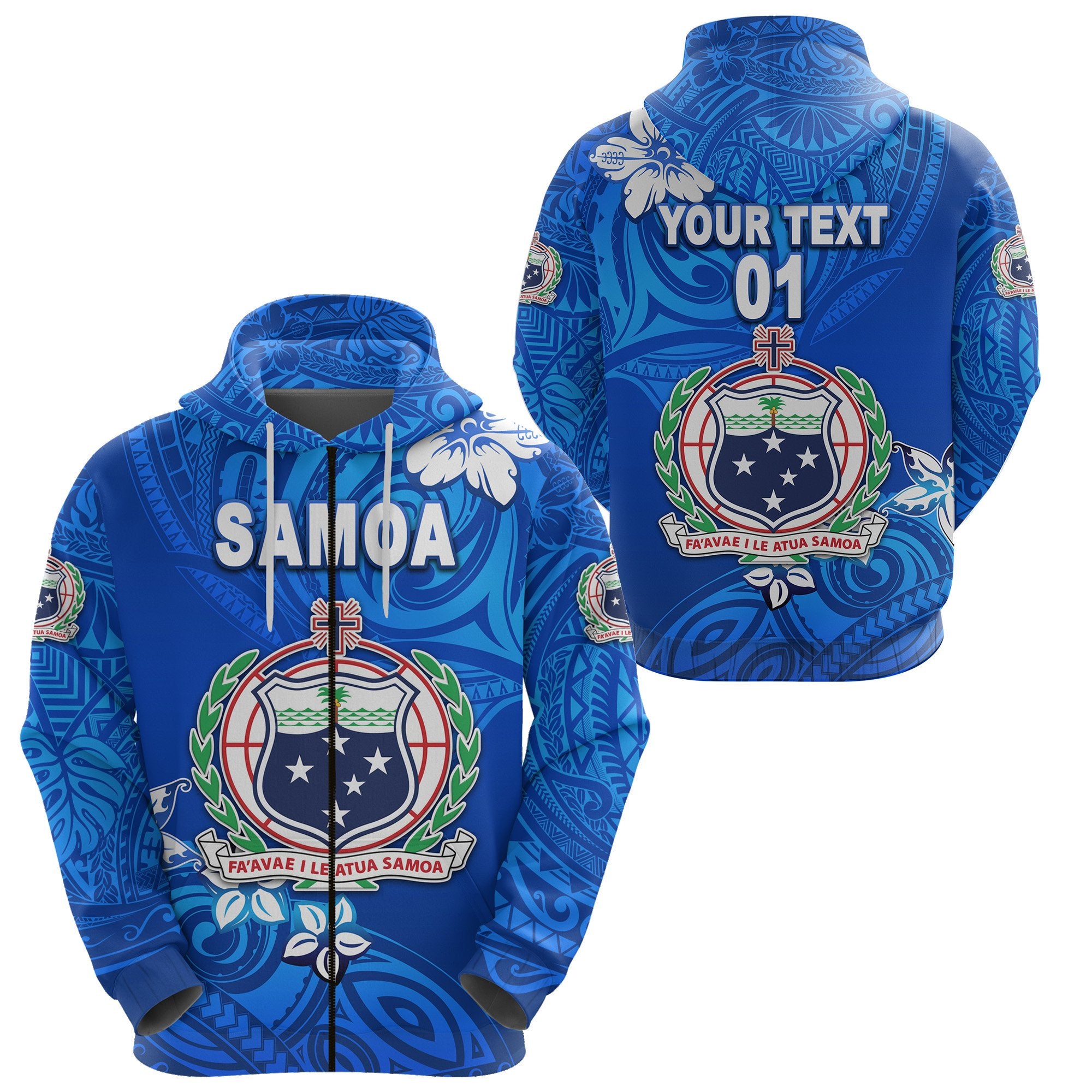 Custom Manu Samoa Rugby Zip Hoodie Unique Vibes Coat of Arms Full Blue, Custom Text and Number Unisex Blue - Polynesian Pride