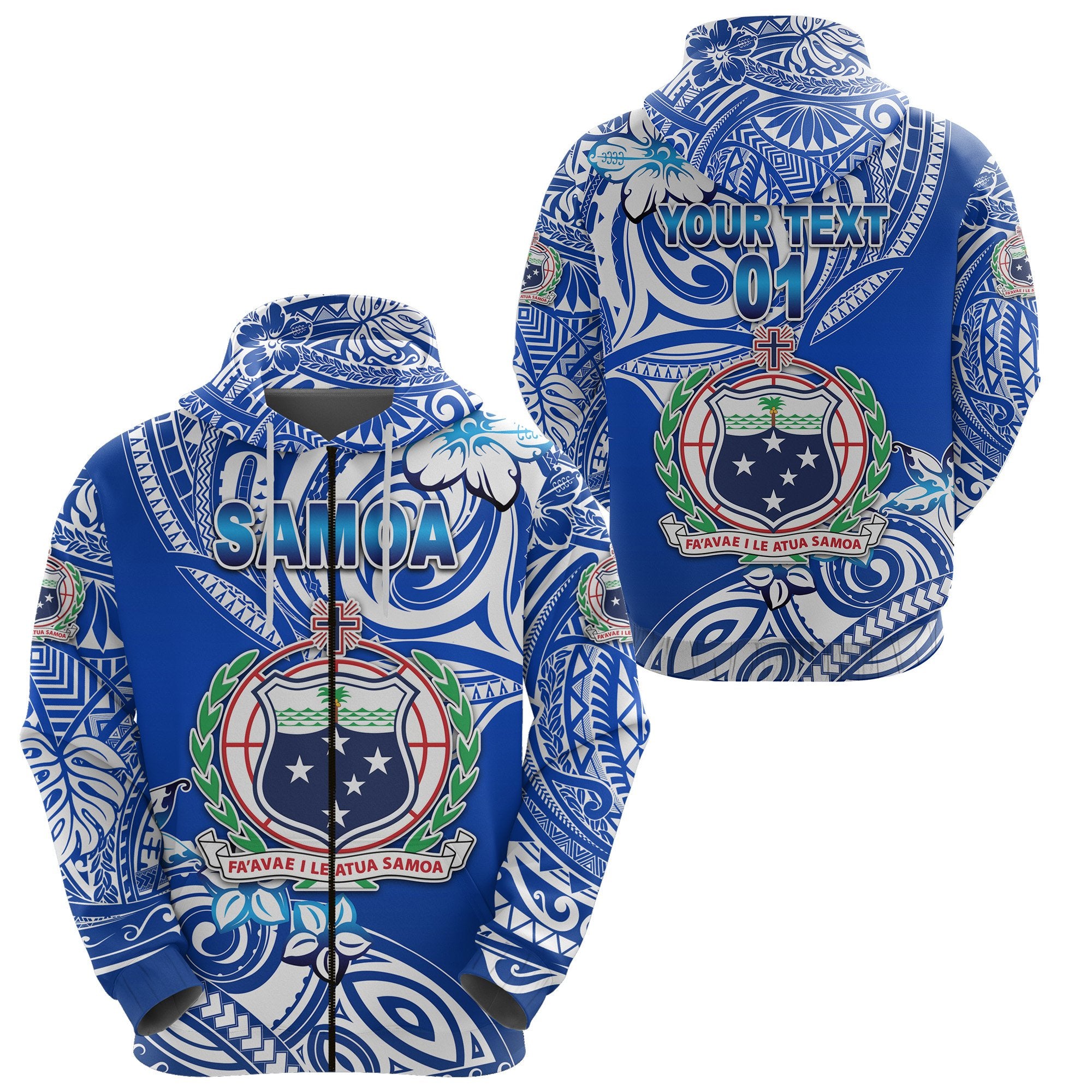 Custom Manu Samoa Rugby Zip Hoodie Unique Vibes Coat of Arms White, Custom Text and Number Unisex Blue - Polynesian Pride