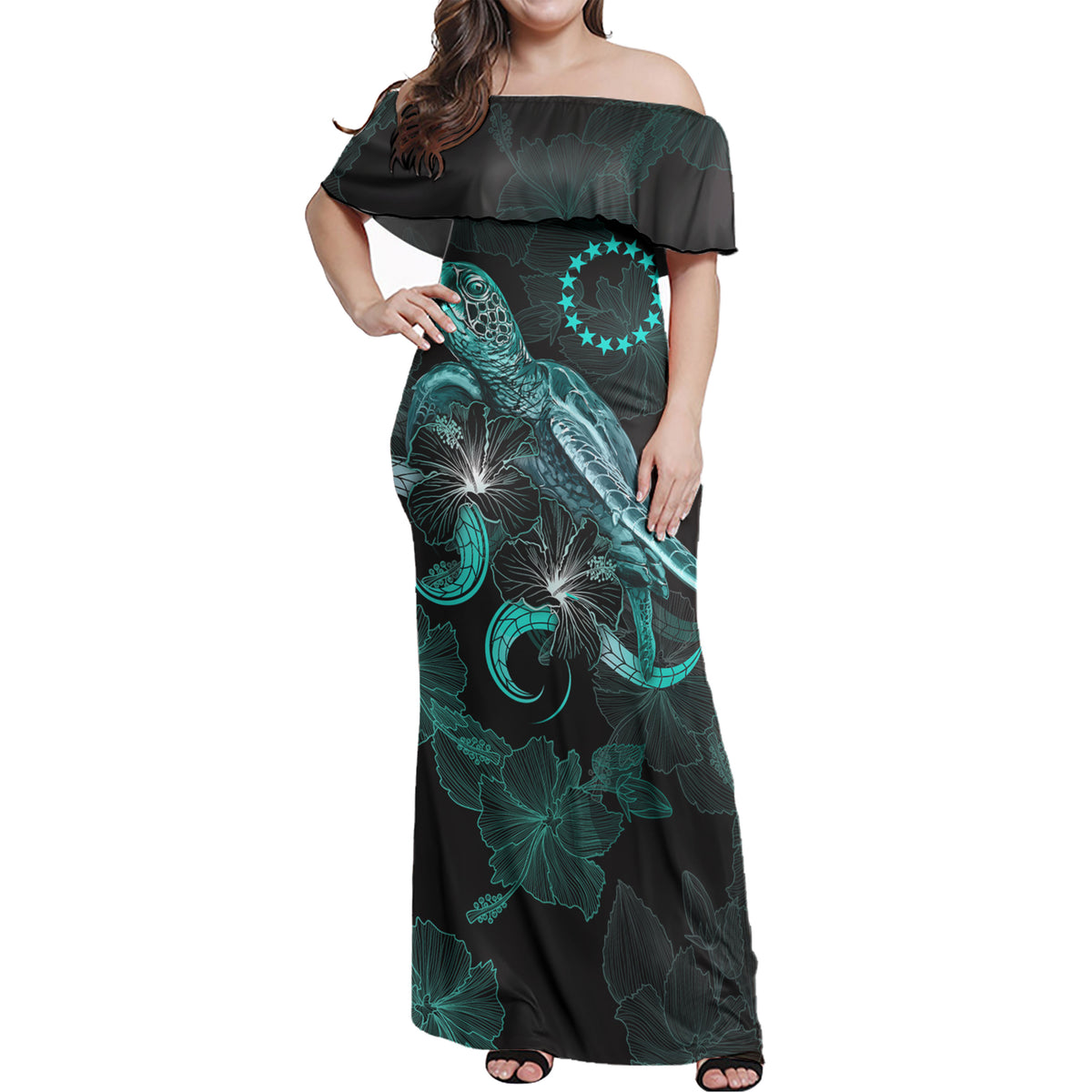 Cook Islands Matching Dress and Hawaiian Shirt Polynesian Turtle with Blooming Hibiscus Turquoise - Polynesian Pride