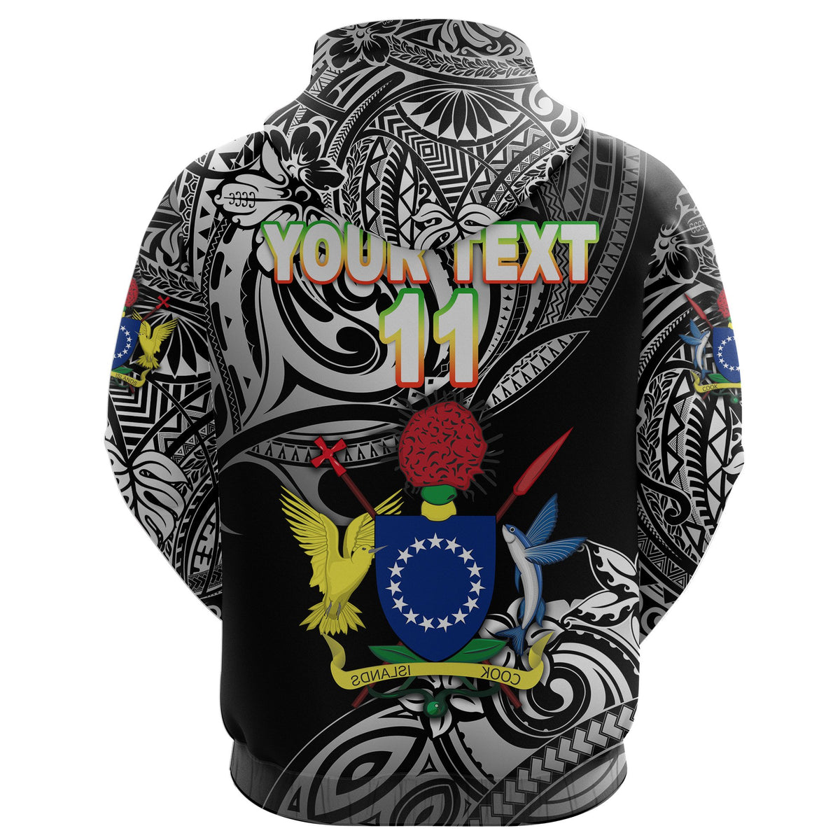 Custom Cook Islands Rugby Zip Hoodie Unique Vibes Coat of Arms Black, Custom Text and Number - Polynesian Pride