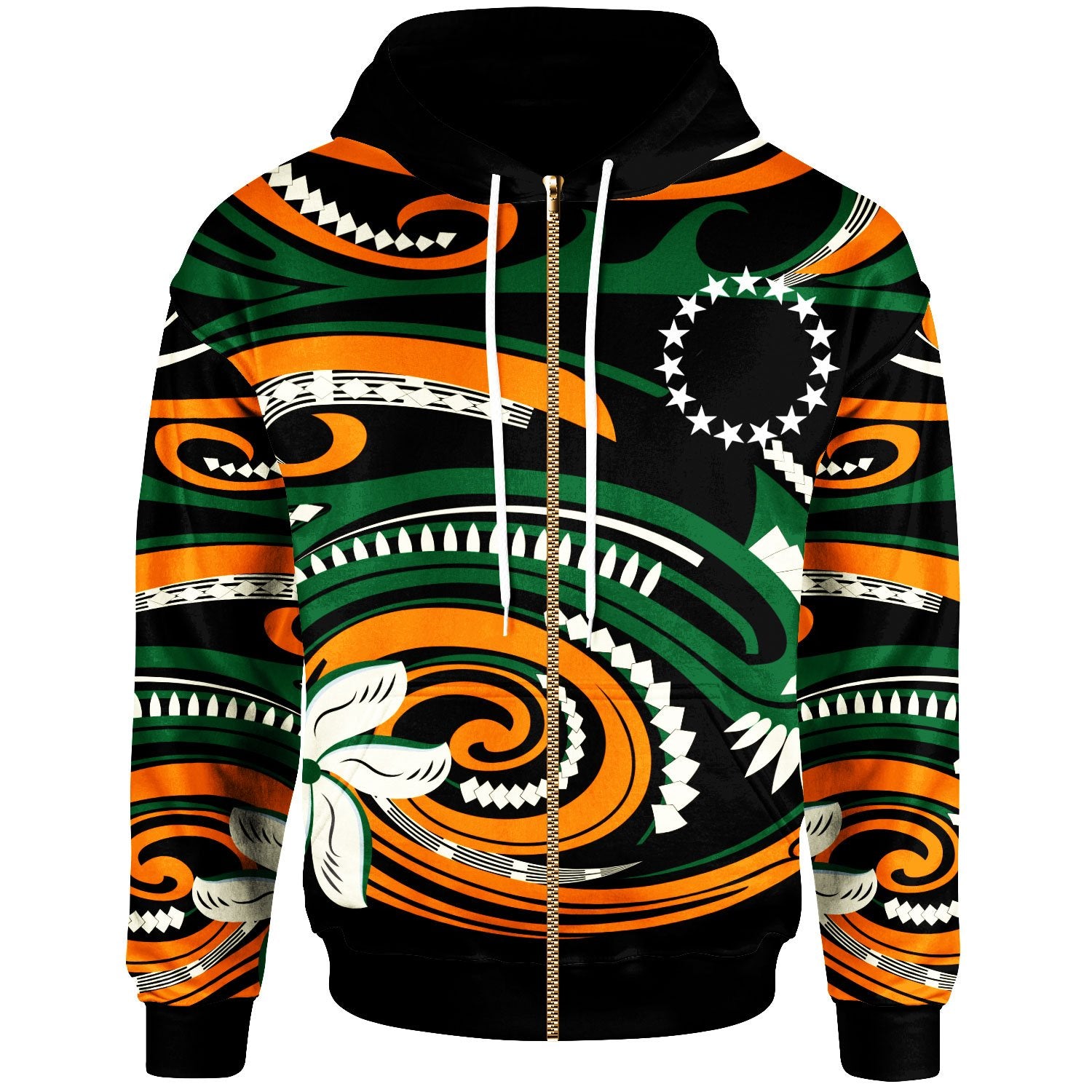 Cook Islands Zip Hoodie Vortex Style Unisex Green Orange - Polynesian Pride