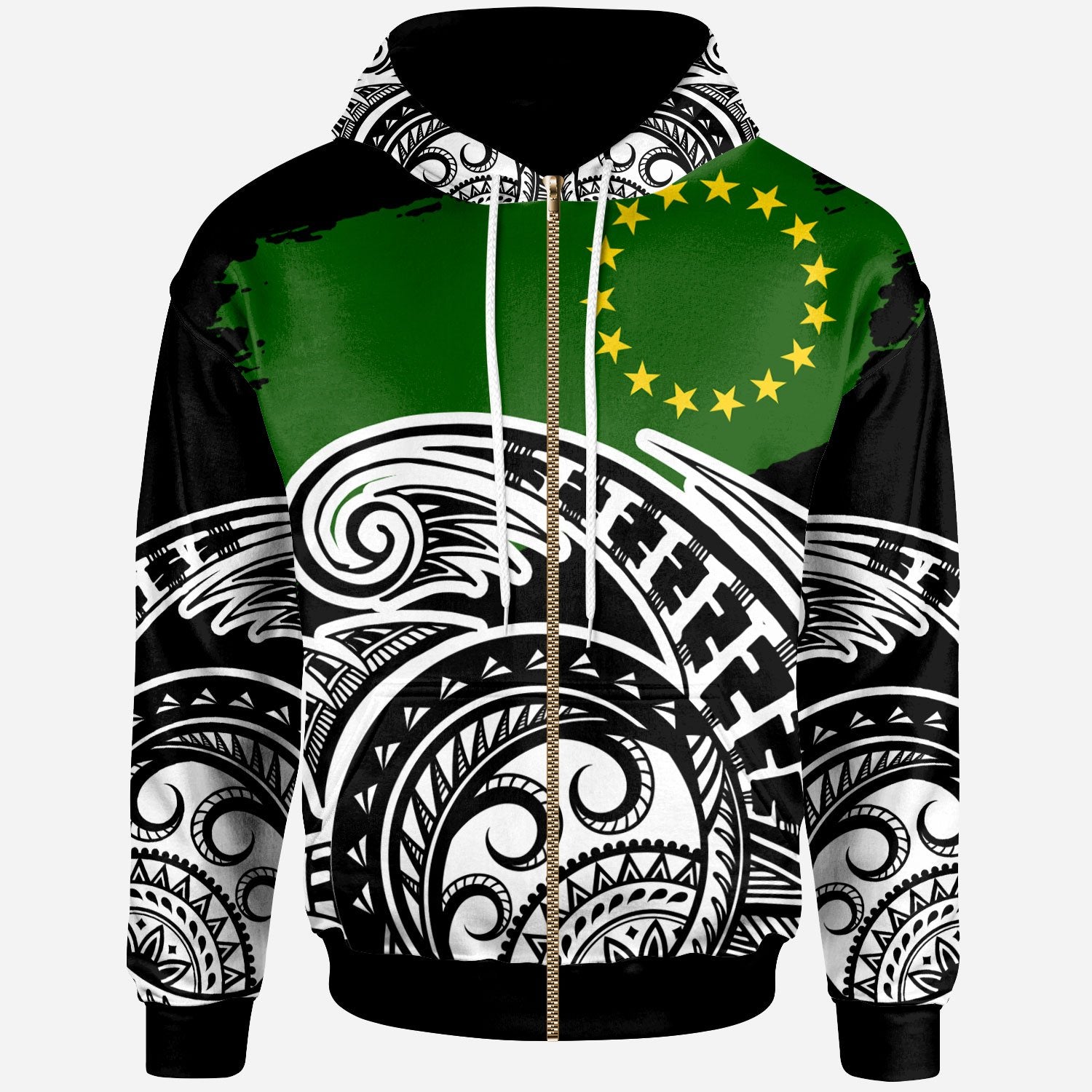 Cook Islands Custom Zip Hoodie Ethnic Style With Round Black White Pattern Unisex Black - Polynesian Pride