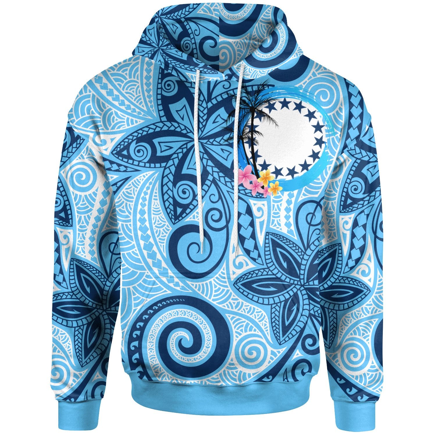 Cook Islands Hoodie Tribal Plumeria Pattern Unisex Blue - Polynesian Pride