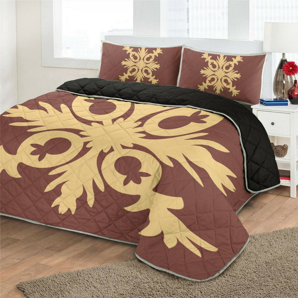 Hawaiian Royal Pattern Quilt Bed Set - Coral - F2 Style - AH - Polynesian Pride