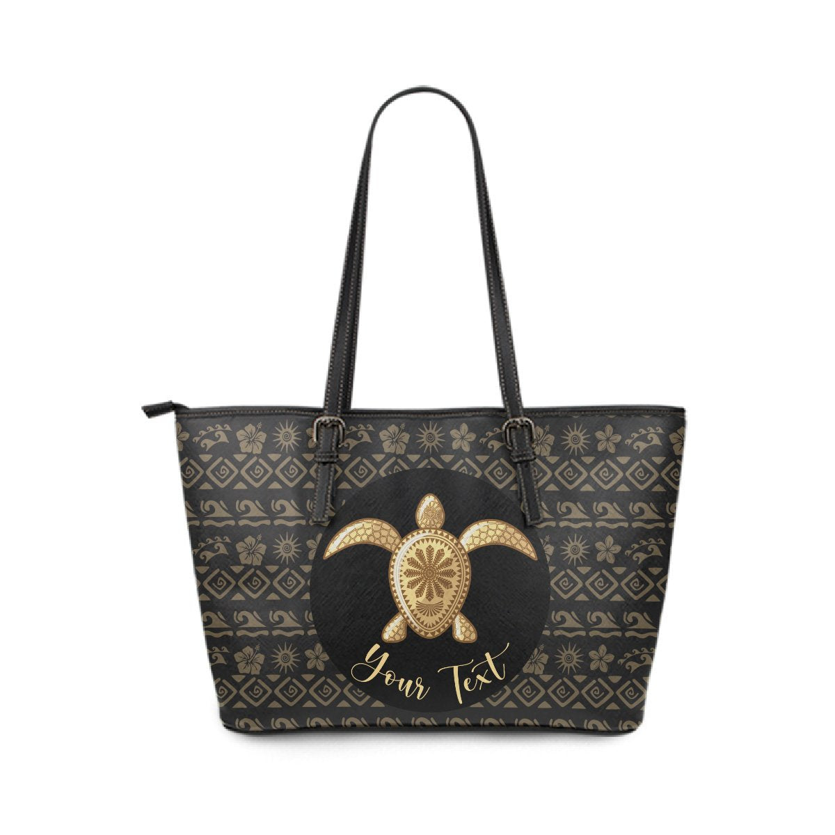 Personalized - Hawaii Turtle Golden Pattern Large Leather Tote Bag Black - Polynesian Pride