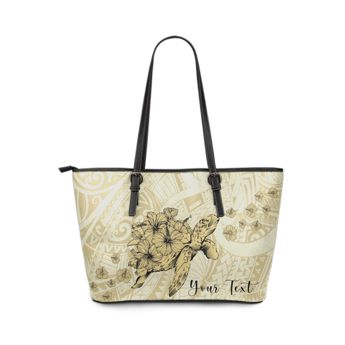 Personalized - Hawaii Turtle Polynesian Small Leather Tote Bag - Beige Beige - Polynesian Pride