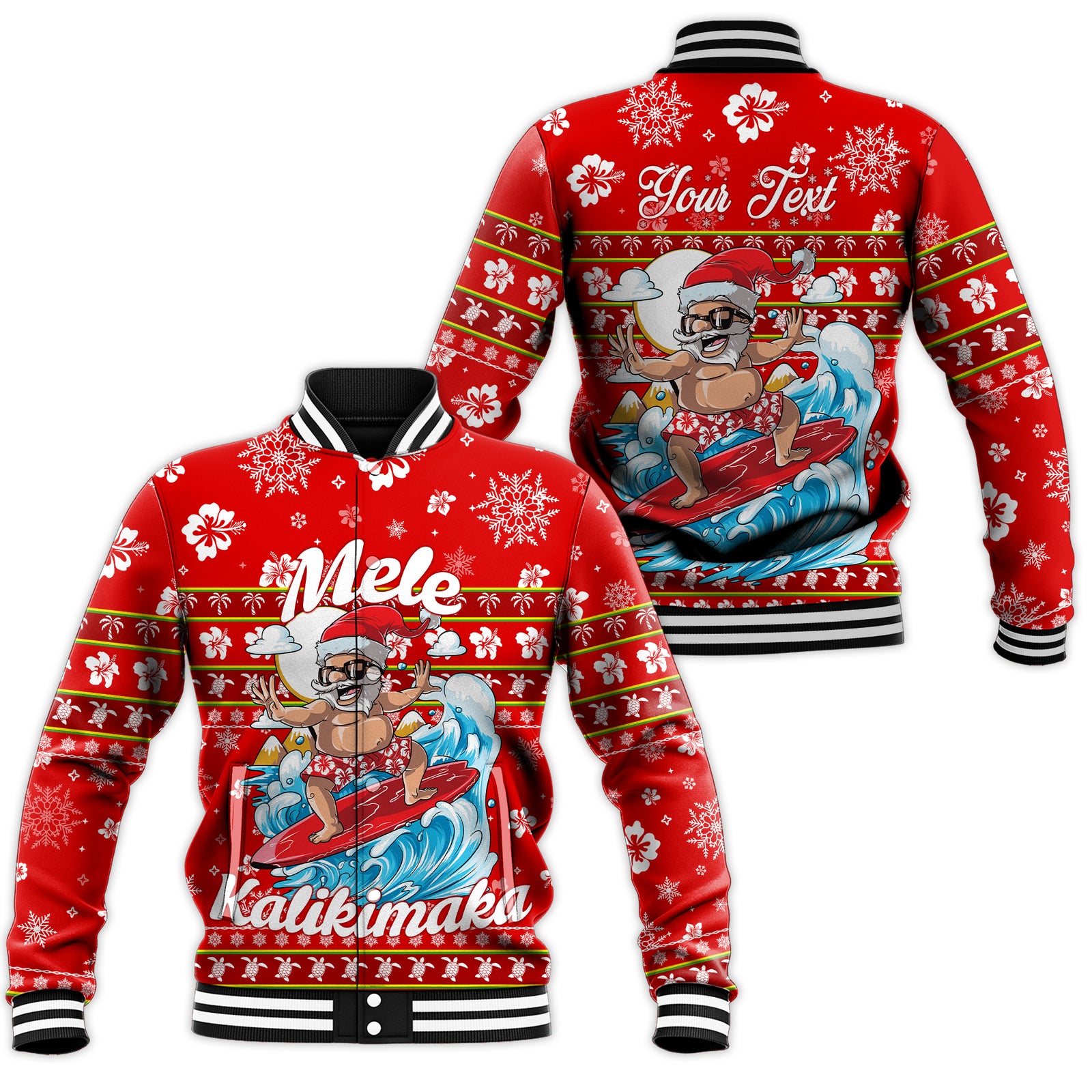 (Custom Personalised) Hawaii Christmas Santas Surf Mele Kalikimaka Baseball Jacket - LT2 Unisex RED - Polynesian Pride