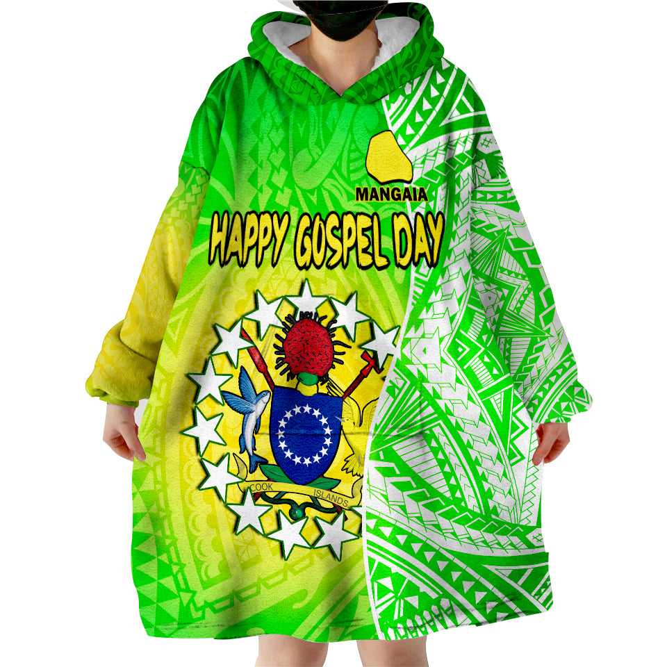 (Custom Personalised) Happy Mangaia Gospel Day Cook Islands Coat Of Arms Polynesian Pattern Wearable Blanket Hoodie LT14 - Polynesian Pride