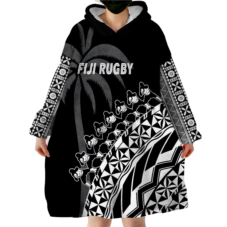 (Custom Text And Number) Fiji Rugby Fijian Cibi Dance Tapa Pattern Black Wearable Blanket Hoodie LT14 - Polynesian Pride