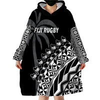 (Custom Text And Number) Fiji Rugby Fijian Cibi Dance Tapa Pattern Black Wearable Blanket Hoodie LT14 - Polynesian Pride