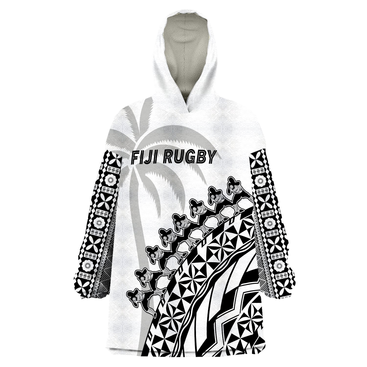 (Custom Text And Number) Fiji Rugby Fijian Cibi Dance Tapa Pattern White Wearable Blanket Hoodie LT14 Unisex One Size - Polynesian Pride