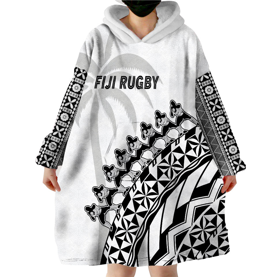 (Custom Text And Number) Fiji Rugby Fijian Cibi Dance Tapa Pattern White Wearable Blanket Hoodie LT14 - Polynesian Pride