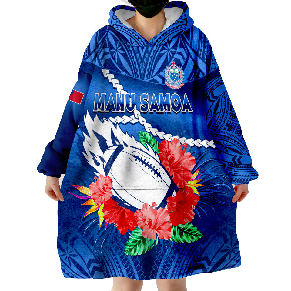 (Custom Text And Number) Samoa Rugby Manu Samoa Polynesian Hibiscus Blue Style Wearable Blanket Hoodie LT14 - Polynesian Pride