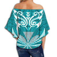 Hawaii Kanaka Polynesian Women's Off Shoulder Wrap Waist Top - Cyan - Bernice Style - AH - Polynesian Pride