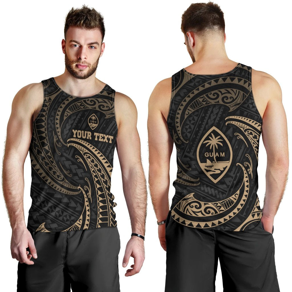 Guam Polynesian Custom Personalised Men's Tank Top - Gold Tribal Wave Black - Polynesian Pride