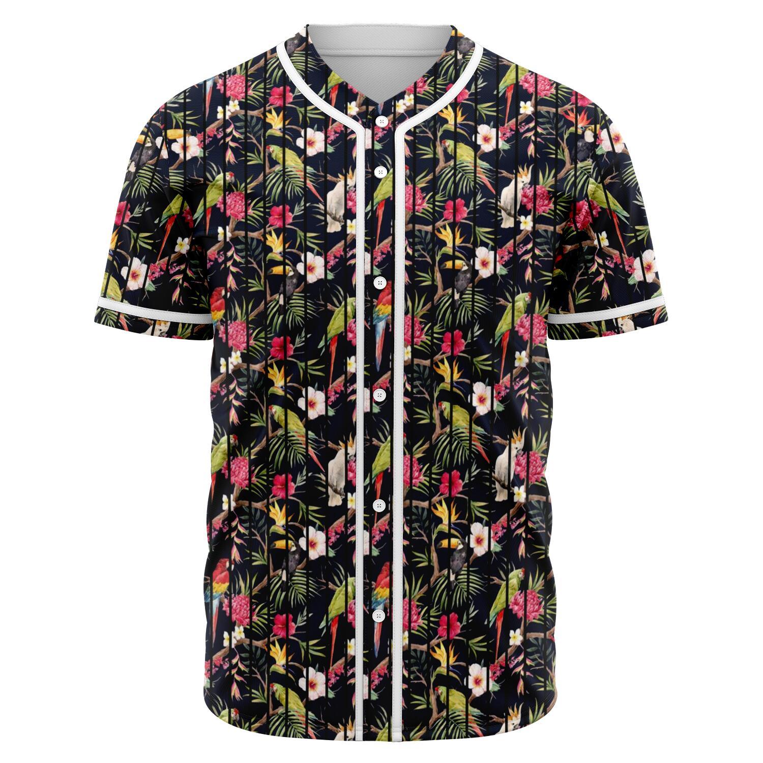 Tropical Hibiscus, Strelitzia Palm Leaves Baseball Jersey Black - Polynesian Pride