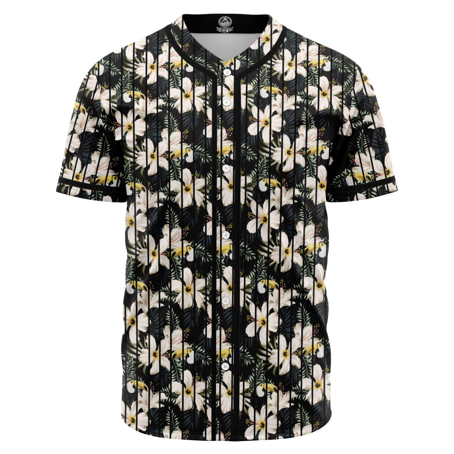 Tropical Toucans Hibiscus Palm Leaves Baseball Jersey Black - Polynesian Pride