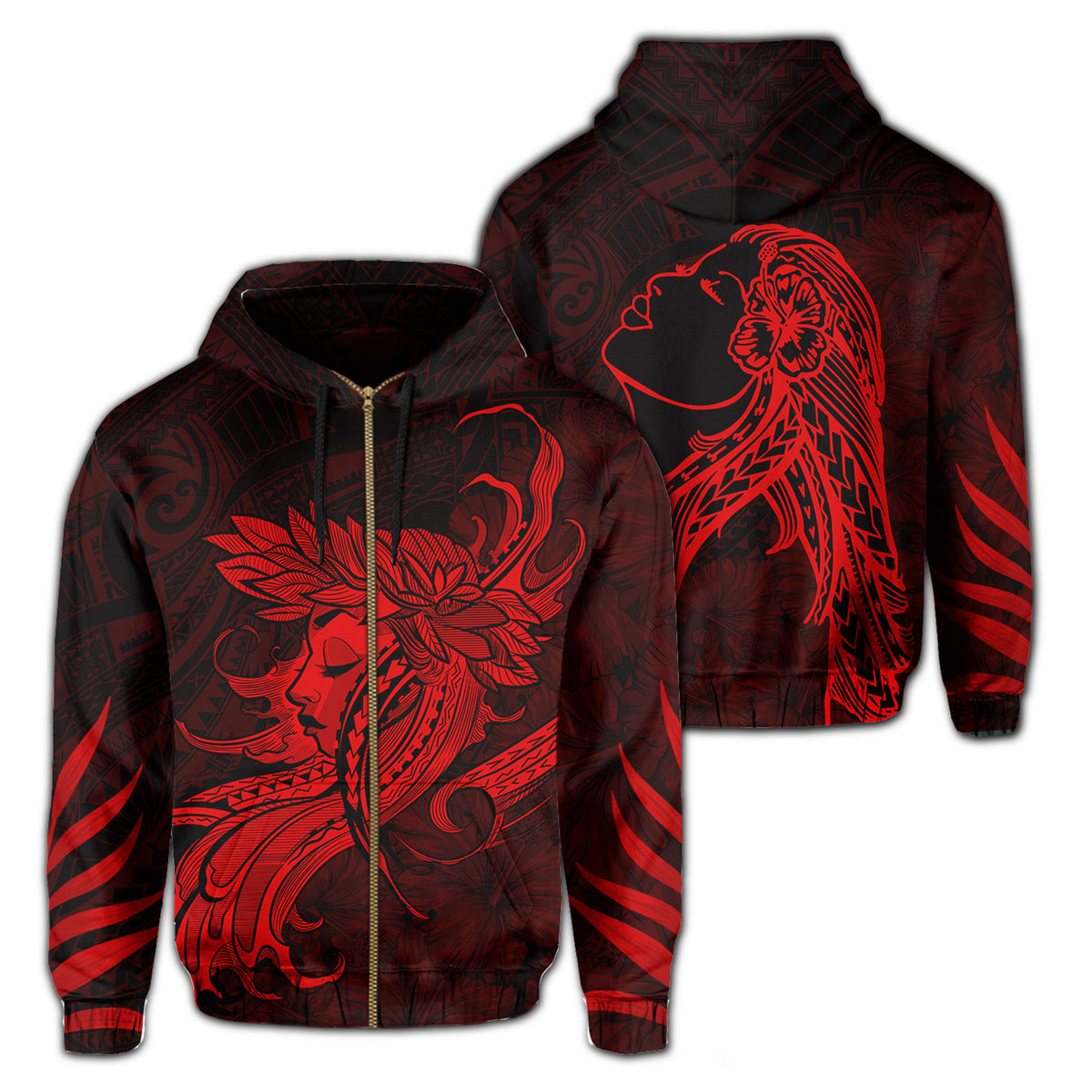 Polynesian Tropic Hula Girl Hibiscus Hawaii Zip Hoodie Red Unisex Red - Polynesian Pride