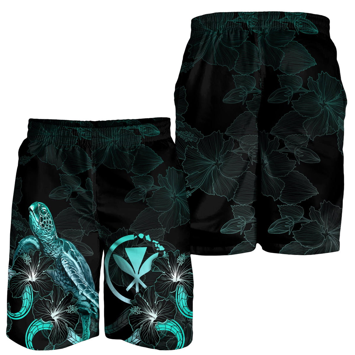 Hawaii Polynesian Men's Shorts - Turtle With Blooming Hibiscus Turquoise - Polynesian Pride