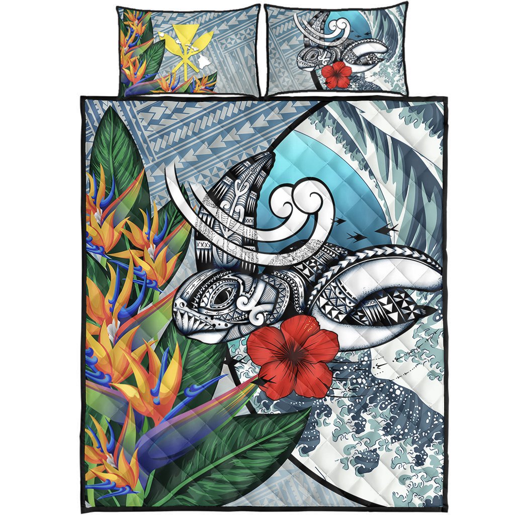 Kanaka Maoli (Hawaiian) Quilt Bed Set - Sea Turtle Wave Hibiscus Bird Of Paradise Blue - Polynesian Pride