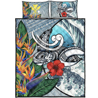 Kanaka Maoli (Hawaiian) Quilt Bed Set - Sea Turtle Wave Hibiscus Bird Of Paradise Blue - Polynesian Pride