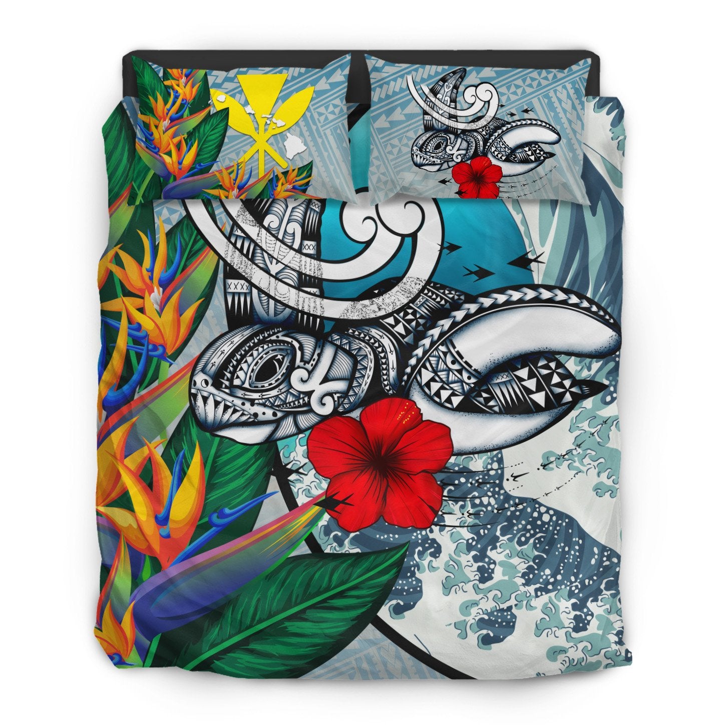 Kanaka Maoli (Hawaiian) Bedding Set - Sea Turtle Wave Hibiscus Bird of Paradise Blue - Polynesian Pride